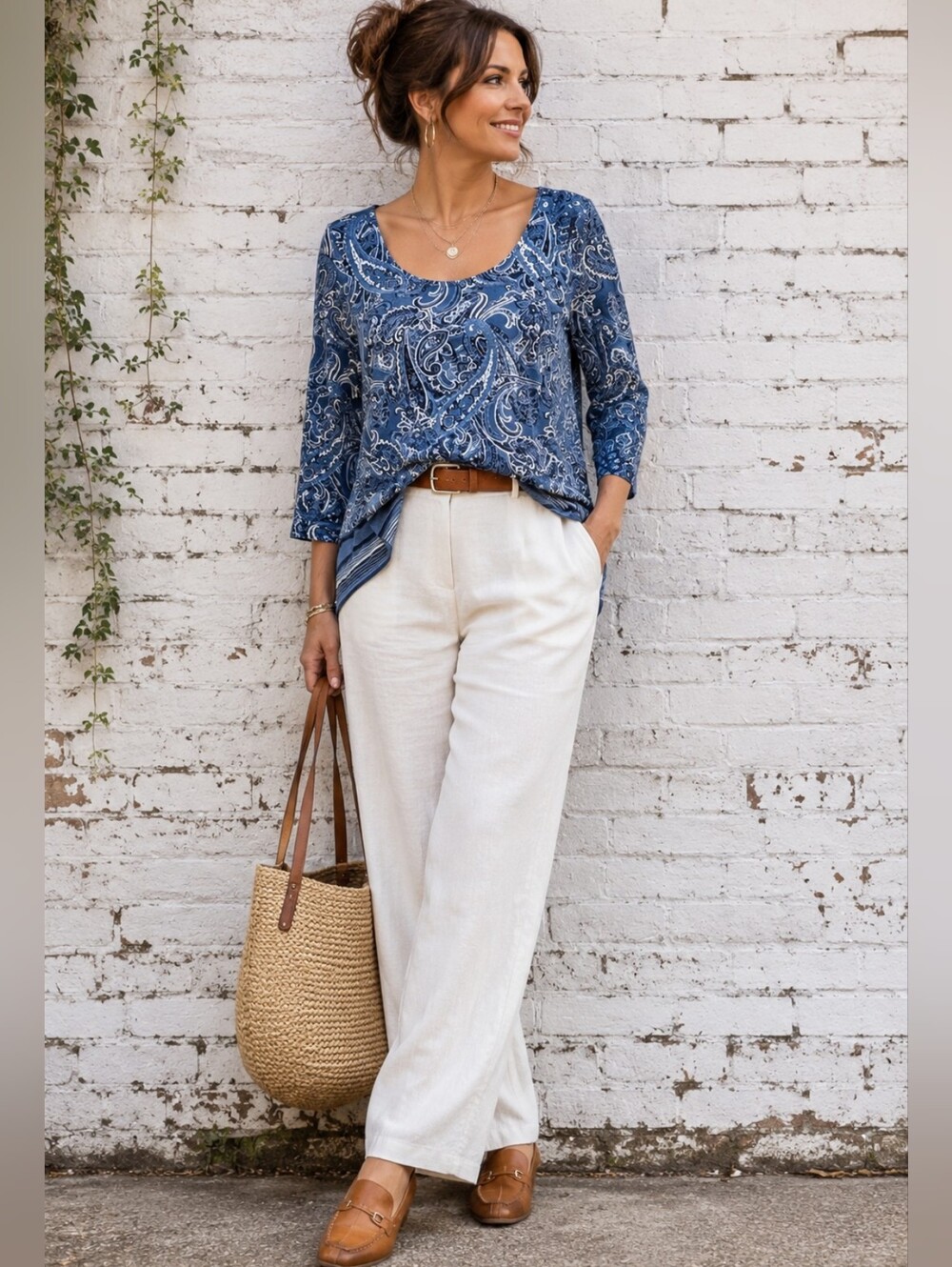 NWT Cleo Petites Blue Paisley Sharkbite Hem Tunic Top 3/4 Sleeve SZ M